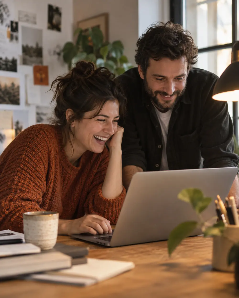 Two colleagues working over one laptop