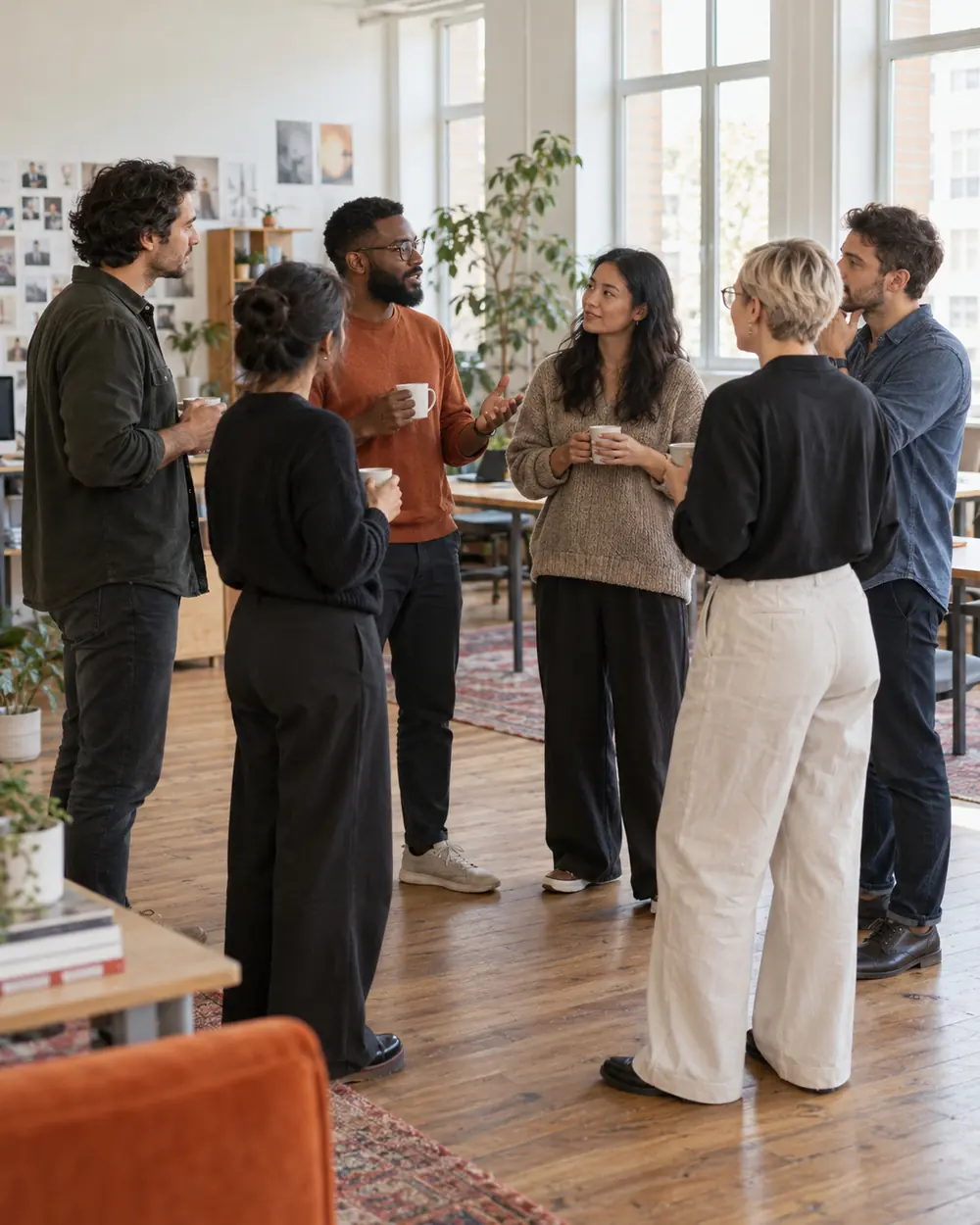 A standing huddle in an open-plan room