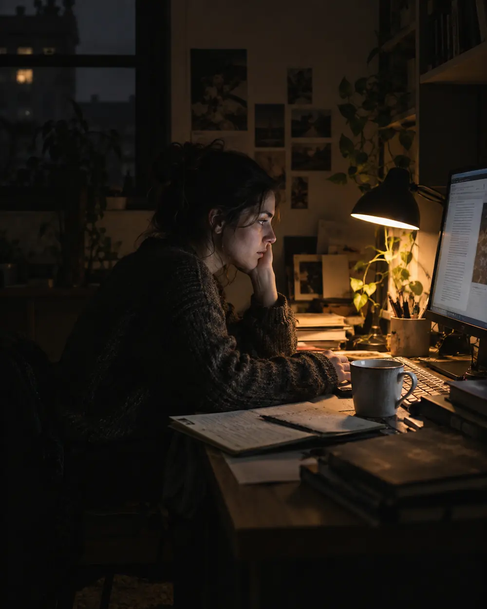 Working late at a lamp-lit desk