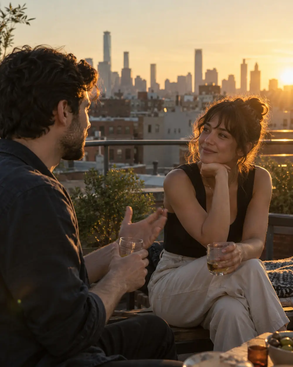 A rooftop conversation at golden hour
