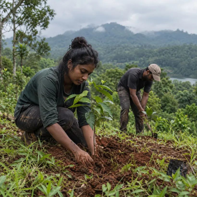 Volunteers planting saplings on a green hillside