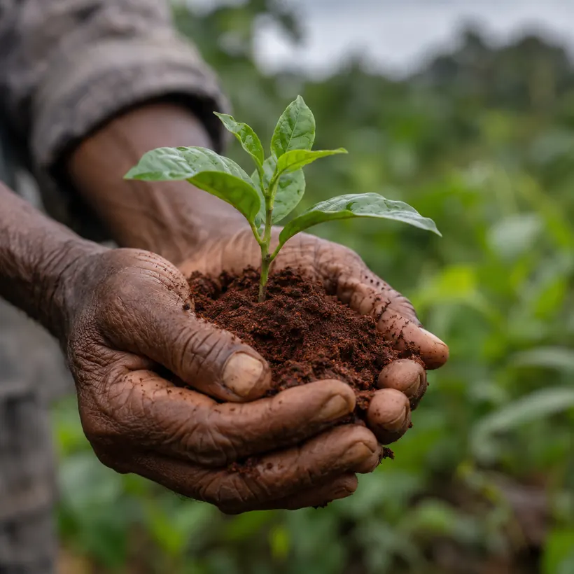Weathered hands cupping a young seedling in red soil