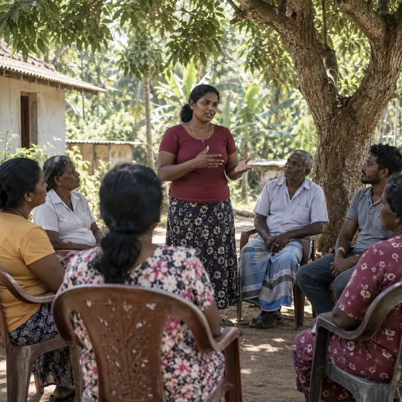 A woman leading a community meeting under a shade tree